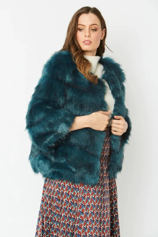 versatile trench coat for ladies -Teal Faux Fur Ella Coat