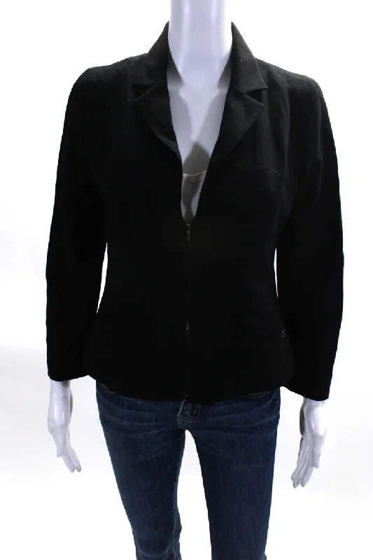 structured blazer jacket for women -Chanel Womens Notched Lapel Long Sleeve Front Zip Short Jacket Black