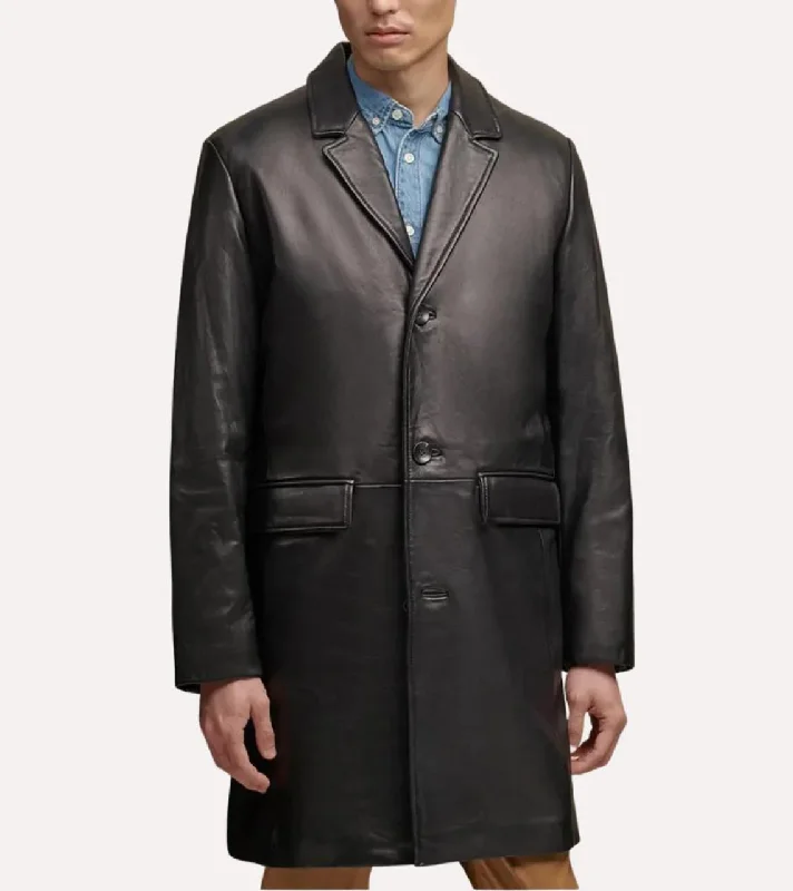 double-layered long coat for women -Soltau Men's Leather Coat