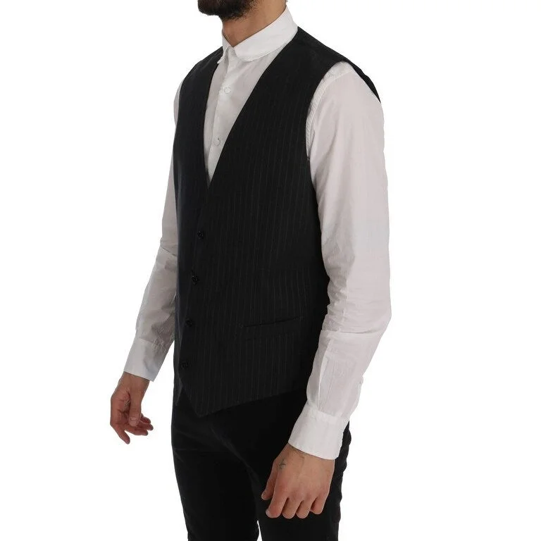 ladies' faux suede jacket -Dolce & Gabbana Elegant Gray Striped Men's Waistcoat Men's Vest