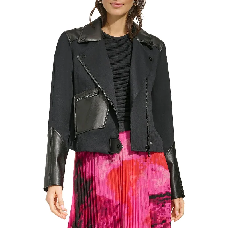 trendy plaid coat for women -DKNY Womens Mixed Media Asymmetric Motorcycle Jacket