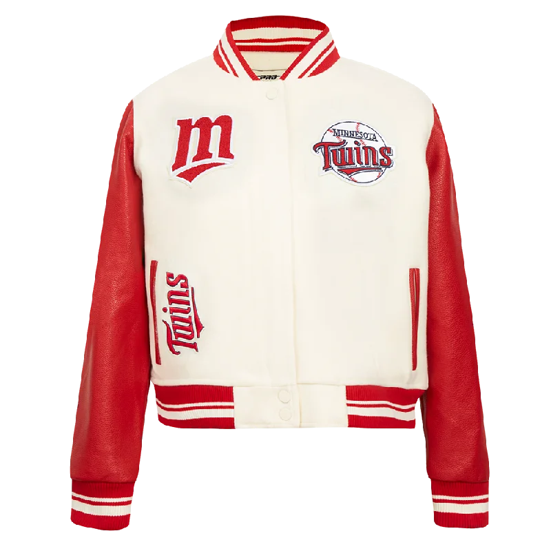 women's hooded winter jacket -MLB MINNESOTA TWINS RETRO CLASSIC WOMEN'S RIB WOOL VARSITY JACKET (EGGSHELL/ RED)