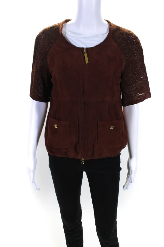 women's classic pea coat -Roberto Cavalli Womens Suede Eyelet Half Sleeve Full Zip Jacket Brown