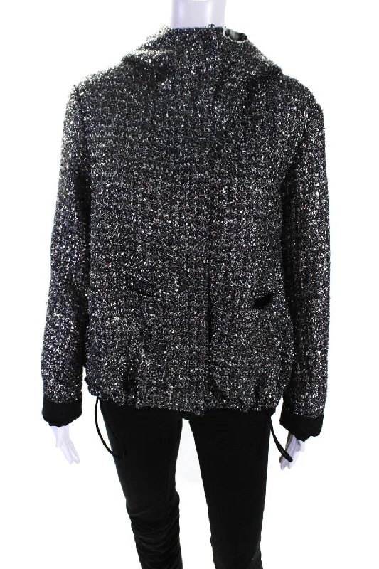 fashionable belted wool coat for women -Lis Lareida Womens Disco Metallic Hooded Platinum Tweed Zip Jacket Silver FR 36