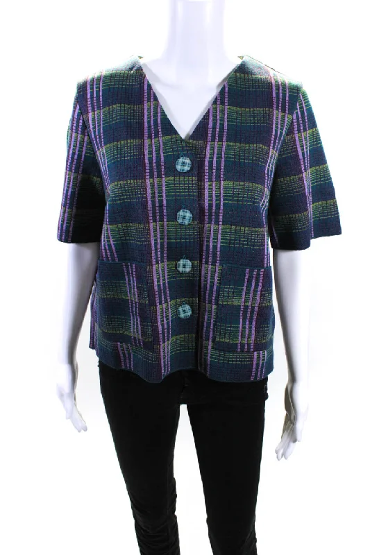 women's elegant cape coat -Catherine Andre Womens Short Sleeve Knit Plaid V Neck Jacket Multicolor