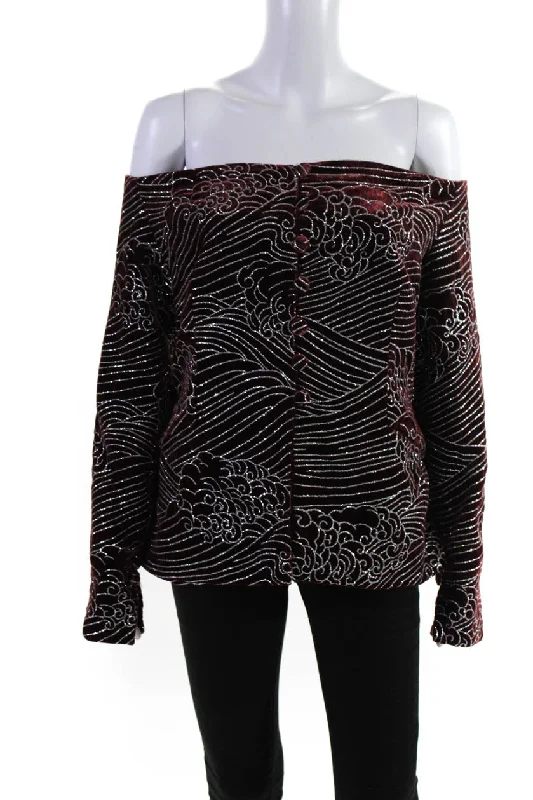 women's oversized corduroy jacket -Sandra Mansour Womens Cloud Glittered Velvet Jacket  Burgundy