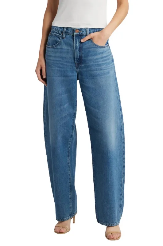 women's embroidered denim pants -Low Slung Barrel Leg Jeans In Caramia