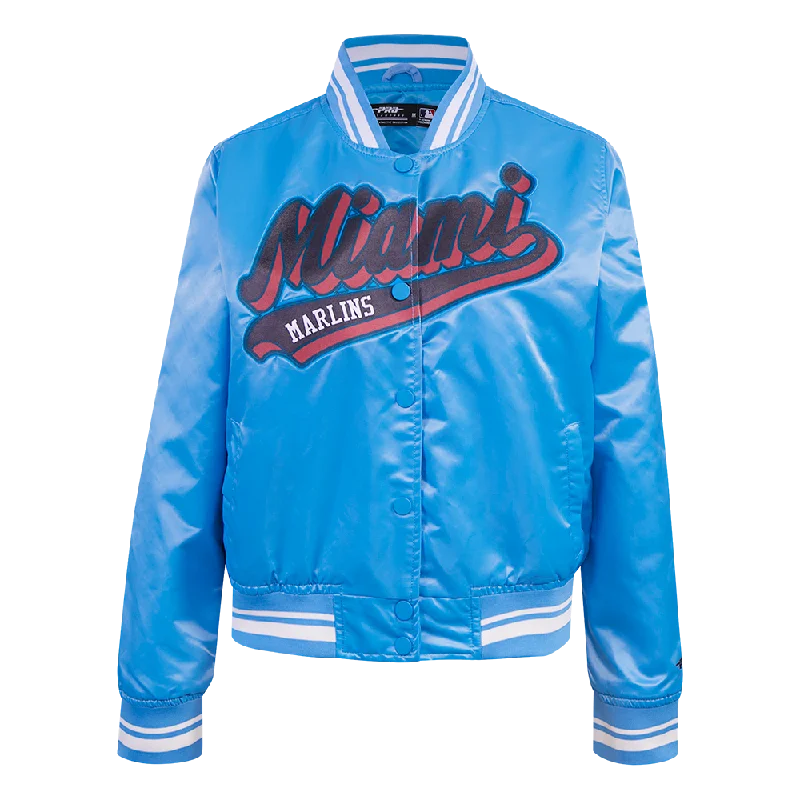 luxury faux fur coat for women -MLB MIAMI MARLINS SCRIPT TAIL WOMEN'S SATIN JACKET (UNIVERSITY BLUE)