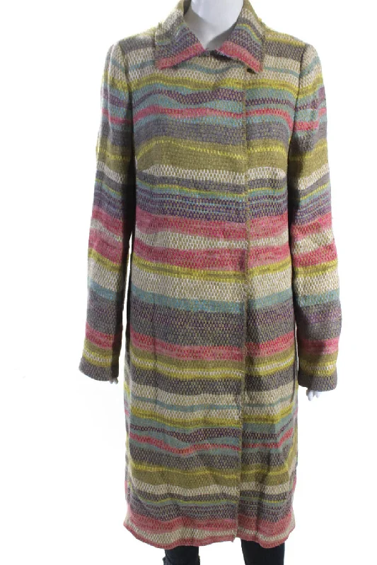 women's winter coat -Akris Punto Womens Linen Crew Neck Button Down Coat Multi Colored