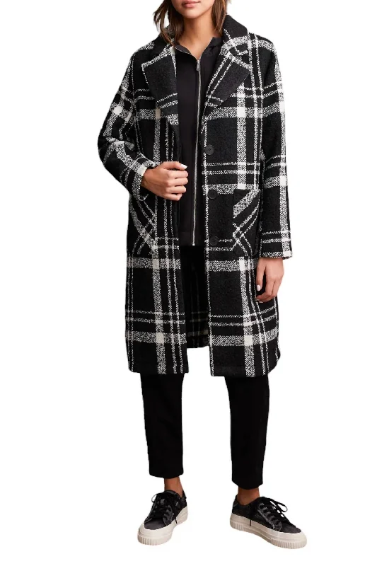 long elegant trench coat for women -Texture Boucle Plaid Duster Button-Up Coat Jacket In Black/white