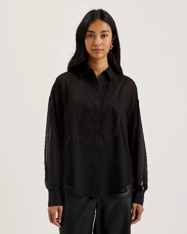 ladies' soft knit cardigan coat -Lechosa Oversized Chiffon Bib Detail Shirt Black