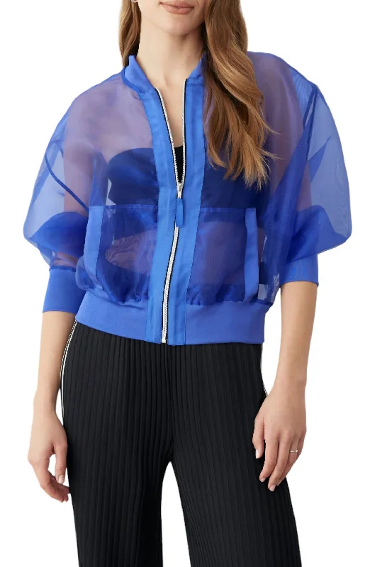 classic camel coat for ladies -Sheer Bomber Jacket In Blue