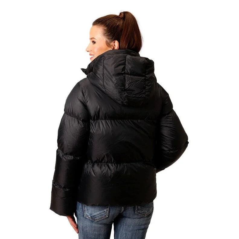 warm shearling coat for women -Roper Western Jacket Womens Puffer Hood Black 03-098-0693-6191 BL