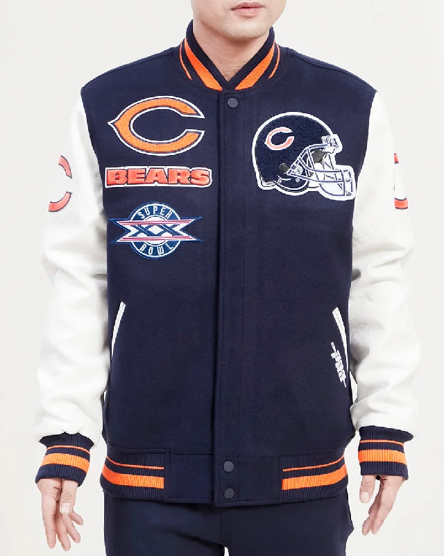 women's lightweight jacket -NFL CHICAGO BEARS MASH UP WOOL VARSITY JACKET (MIDNIGHT NAVY/ORANGE/ MIDNIGHT)