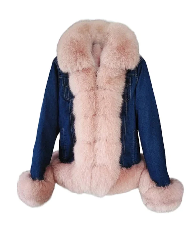 women's thermal long coat -Fox Fur Trimmed Parka Denim Coat With Rabbit Fur Lining In Pink