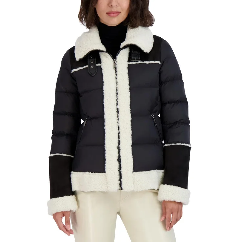 classic trench raincoat for women -Tahari Womens Selena Faux Shearling Short Puffer Jacket