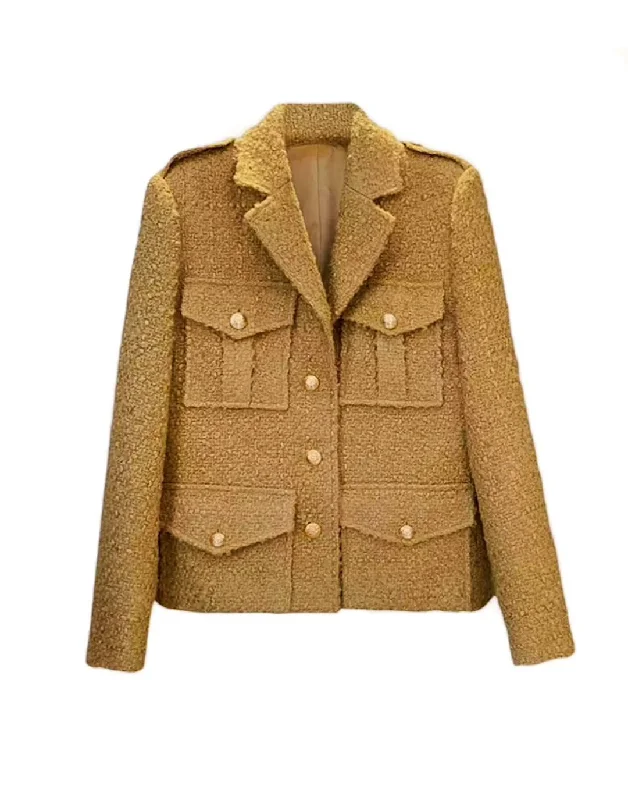 stylish longline coat for women -Brown Multi Pocket Tweed Jacket