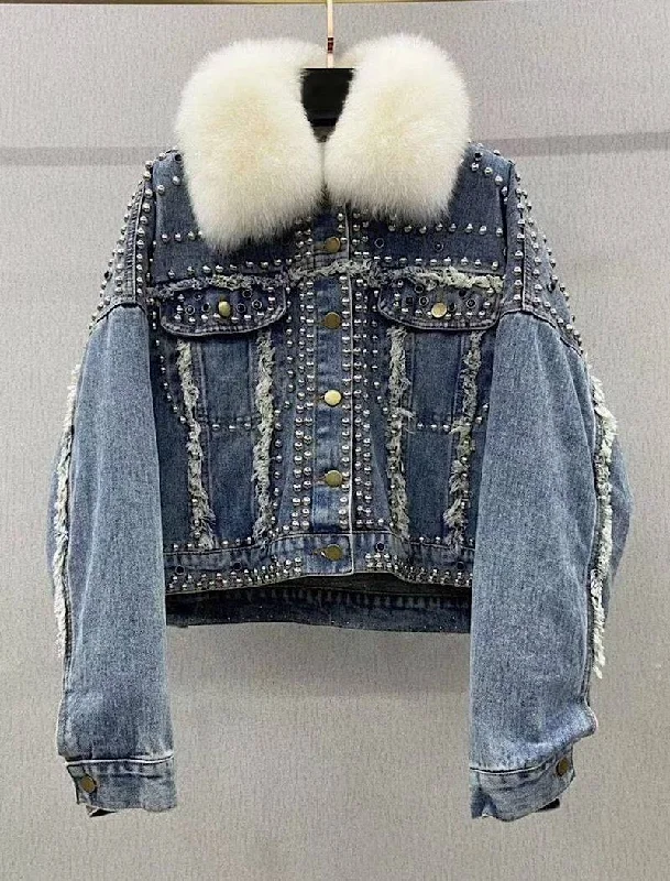 women's oversized corduroy jacket -Detachable Fur Trimmed Blue Denim Jacket With Studs