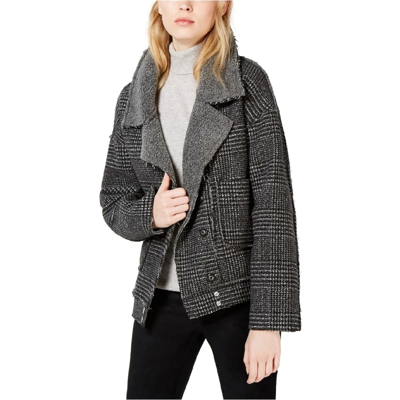 fashionable metallic puffer jacket for women -Sage The Label Womens Plaid Moto Fleece Jacket