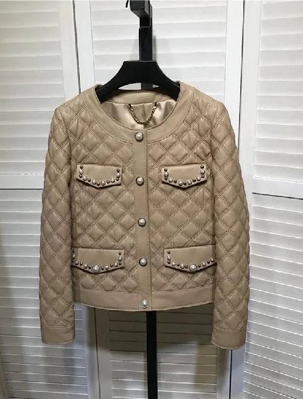 long elegant trench coat for women -Sheepskin Studded Quilted Leather Jacket