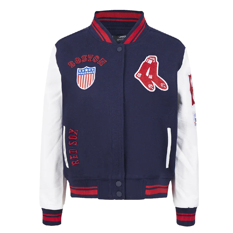 stylish houndstooth coat for women -MLB BOSTON RED SOX RETRO CLASSIC WOMEN'S RIB WOOL VARSITY JACKET (MIDNIGHT NAVY/RED/MIDNIGHT NAVY)