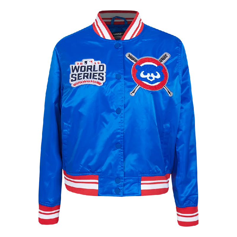 breathable softshell jacket for women -MLB CHICAGO CUBS MASHUP WOMEN'S SATIN JACKET (ROYAL BLUE/RED)