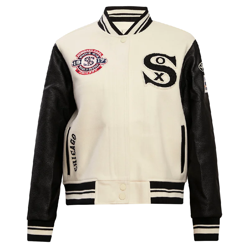 casual zip-up hoodie jacket for women -MLB CHICAGO WHITE SOX RETRO CLASSIC WOMEN'S RIB WOOL VARSITY JACKET (EGGSHELL/BLACK)