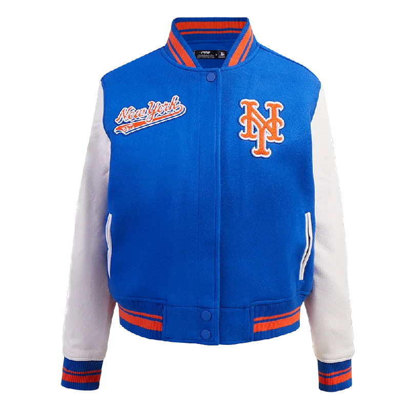 women's thermal long coat -MLB NEW YORK METS SCRIPT TAIL WOMEN'S WOOL VARSITY JACKET (ROYAL/ORANGE/ROYAL)