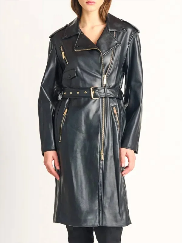 warm padded coat for women -Belted Faux Leather Coat In Black