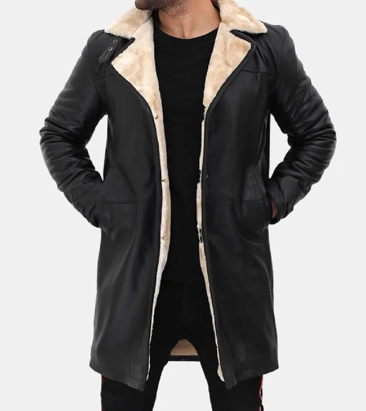 stylish longline coat for women -Leander Men's Black Shearling Leather Coat