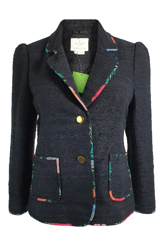 women's casual denim jacket -KATE SPADE Black Picnic Perfect Blossom Trimmed Tweed Jacket (US 2 | UK 6)