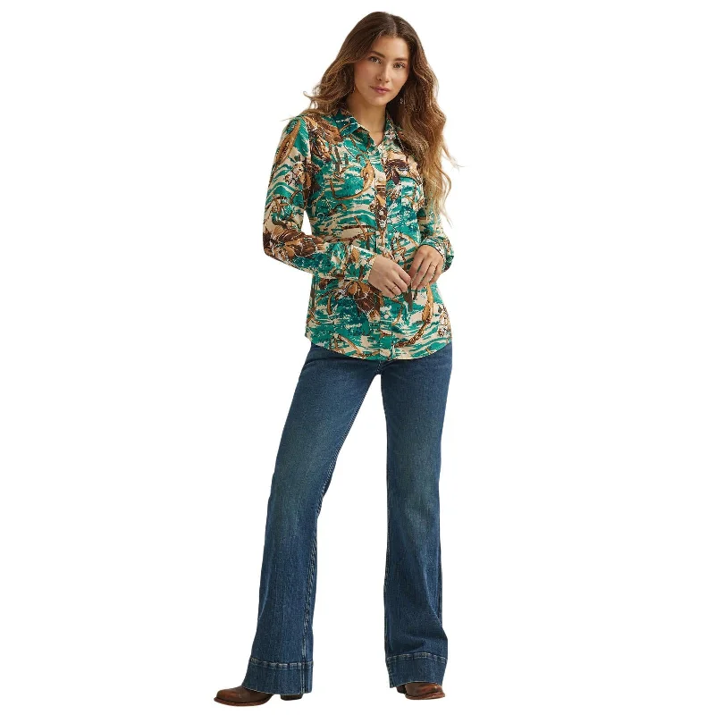 women's silky satin blouse -Wrangler Retro® Punchy Snap Top - Womens - Brown/Green