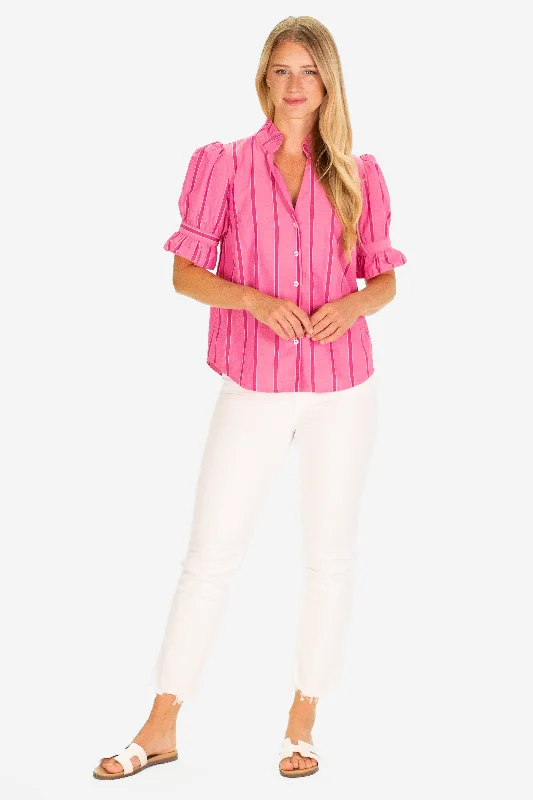 women's business casual blouse -The Marlow Top in Candy Pink Seersucker