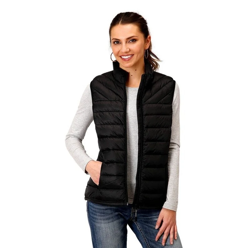 fashionable belted wool coat for women -Roper Western Vest Womens Quilted Zip Black 03-098-0685-6137 BL