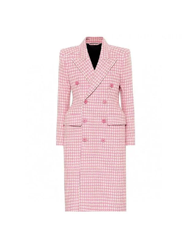 ladies' puffer jacket -Pink Houndstooth Long Lapel Coat