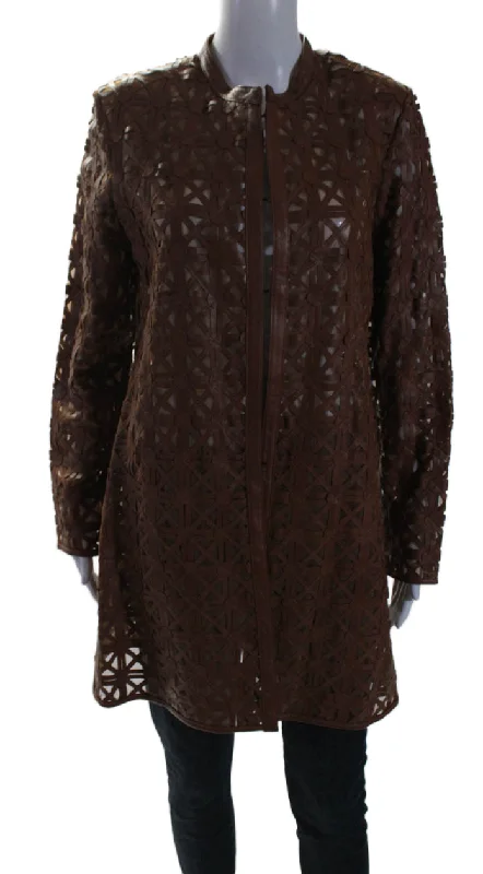 ladies' waterfall drape coat -In Transit 2 Womens Brown Leather Mesh Crew Neck Long Sleeve Jacket