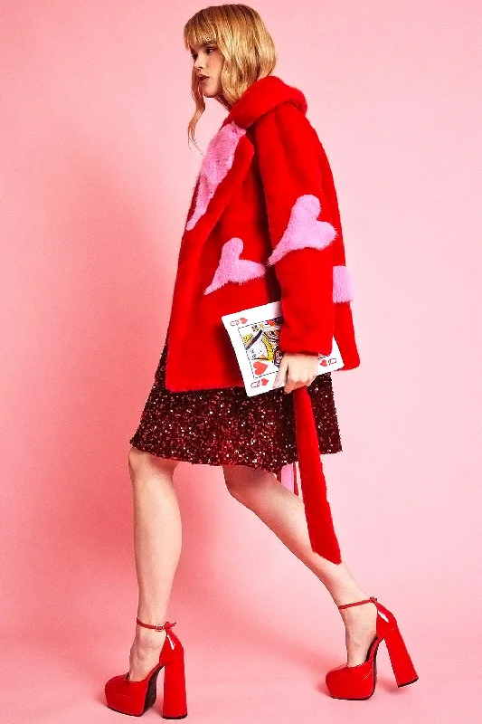 women's elegant cape coat -Red Eco Bamboo Faux Fur Coat with Love Heart Detailing