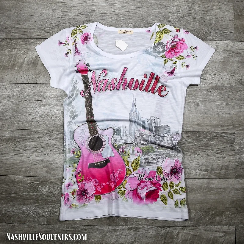 women's button-up shirt -Womens Nashville Shirt with Floral Guitar and Skyline