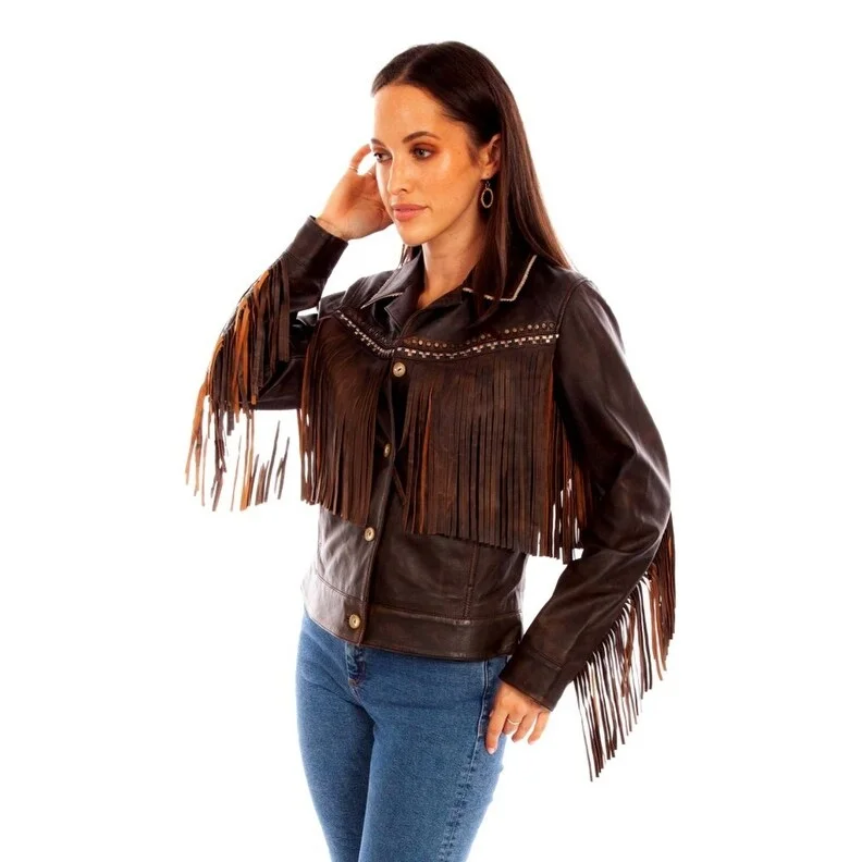 sustainable eco-friendly coat for women -Scully Western Jacket Womens Embroidery Fringe Chocolate F0_L1114