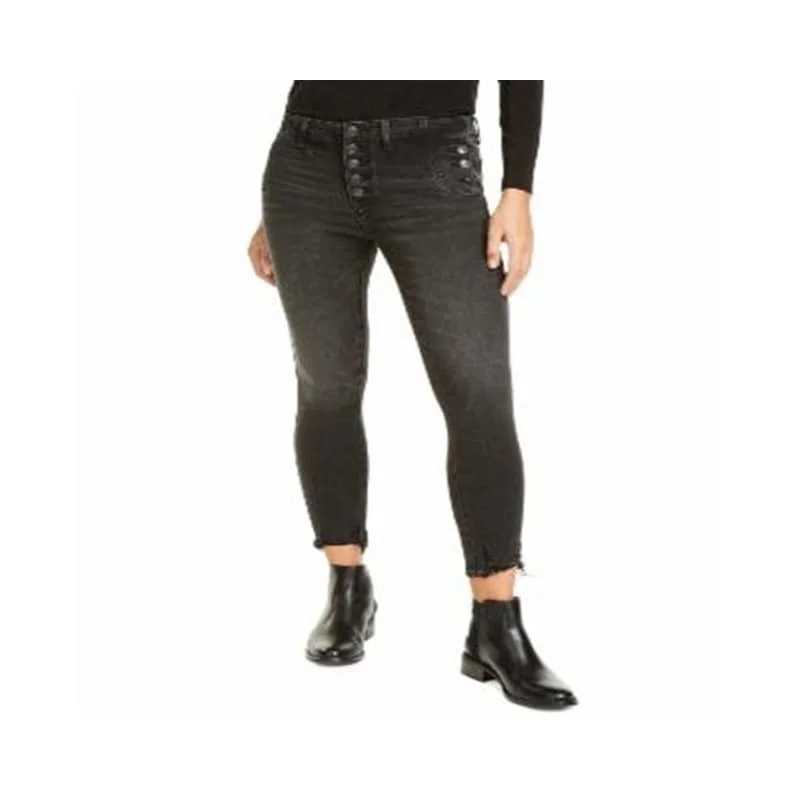 women's wide-leg high-rise jeans -Vigoss Women's Marley Exposed Button Skinny Jeans Black Size 28