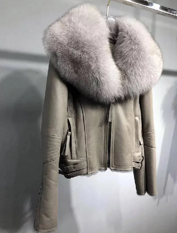 warm shearling coat for women -Shearling Sheepskin Fox Fur Collar Biker Jacket