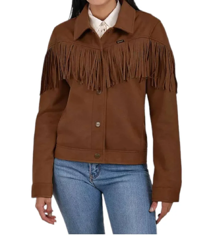 women's slim fit blazer -Faux Suede With Fringe Trucker Jacket In Brown