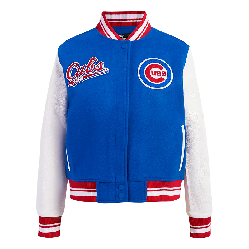 ladies' soft knit cardigan coat -MLB CHICAGO CUBS SCRIPT TAIL WOMEN'S WOOL VARSITY JACKET (ROYAL BLUE/RED)