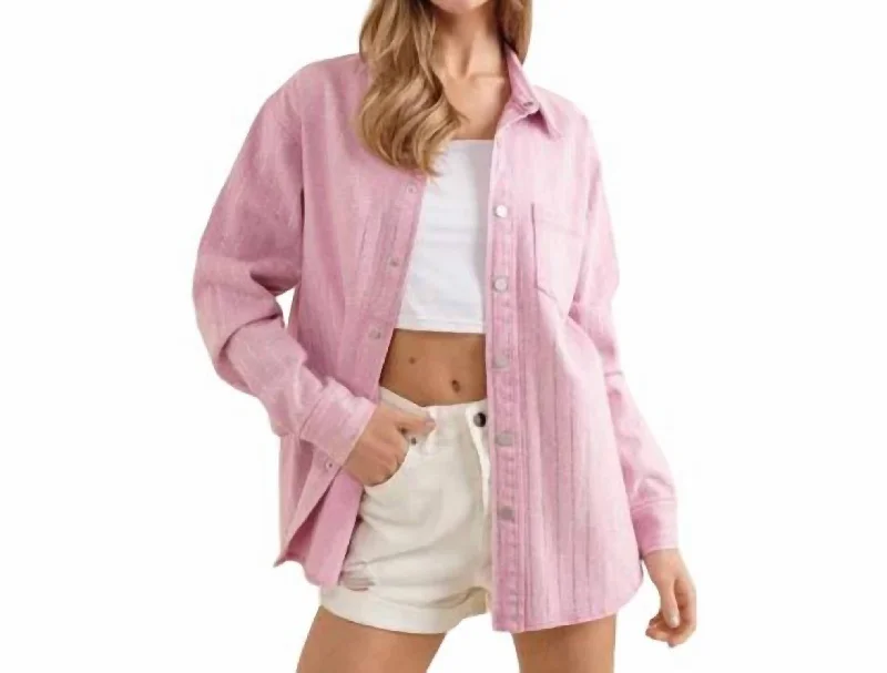 long elegant trench coat for women -Stripe Rhinestone Denim Jacket In Pink