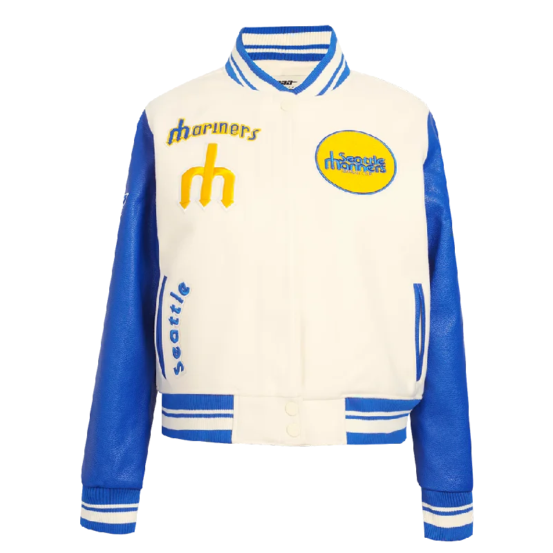 women's relaxed fit blazer -MLB SEATTLE MARINERS RETRO CLASSIC WOMEN'S RIB WOOL VARSITY JACKET (EGGSHELL/ROYAL BLUE)