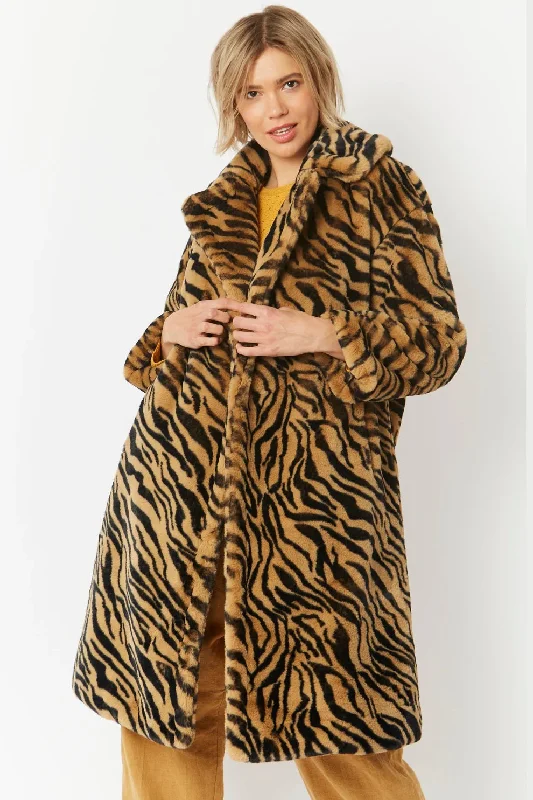 versatile trench coat for ladies -Animal Print Faux Fur Midi Shaved Shearling Coat