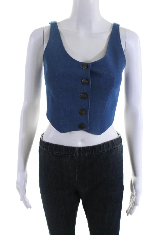 lightweight packable jacket for women -Aya Muse Womens Cosa Scoop Neck Button Up Denim Waistcoat Vest Blue