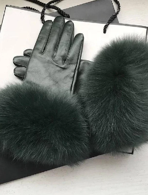 breathable softshell jacket for women -Genuine Fox Fur Trimmed Sheepskin Leather Gloves