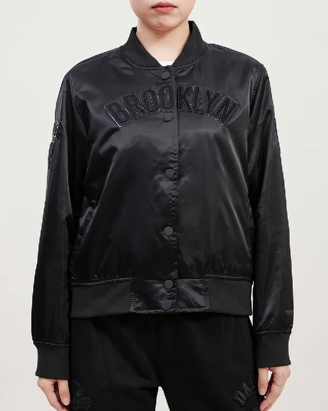 stylish fleece-lined coat for women -NBA BROOKLYN NETS TRIPLE BLACK WOMEN'S SATIN JACKET (TRIPLE BLACK)