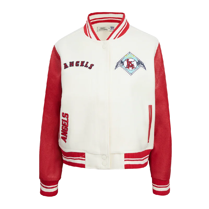 stylish longline coat for women -MLB LOS ANGELES ANGELS RETRO CLASSIC WOMEN'S RIB WOOL VARSITY JACKET (EGGSHELL/ RED)